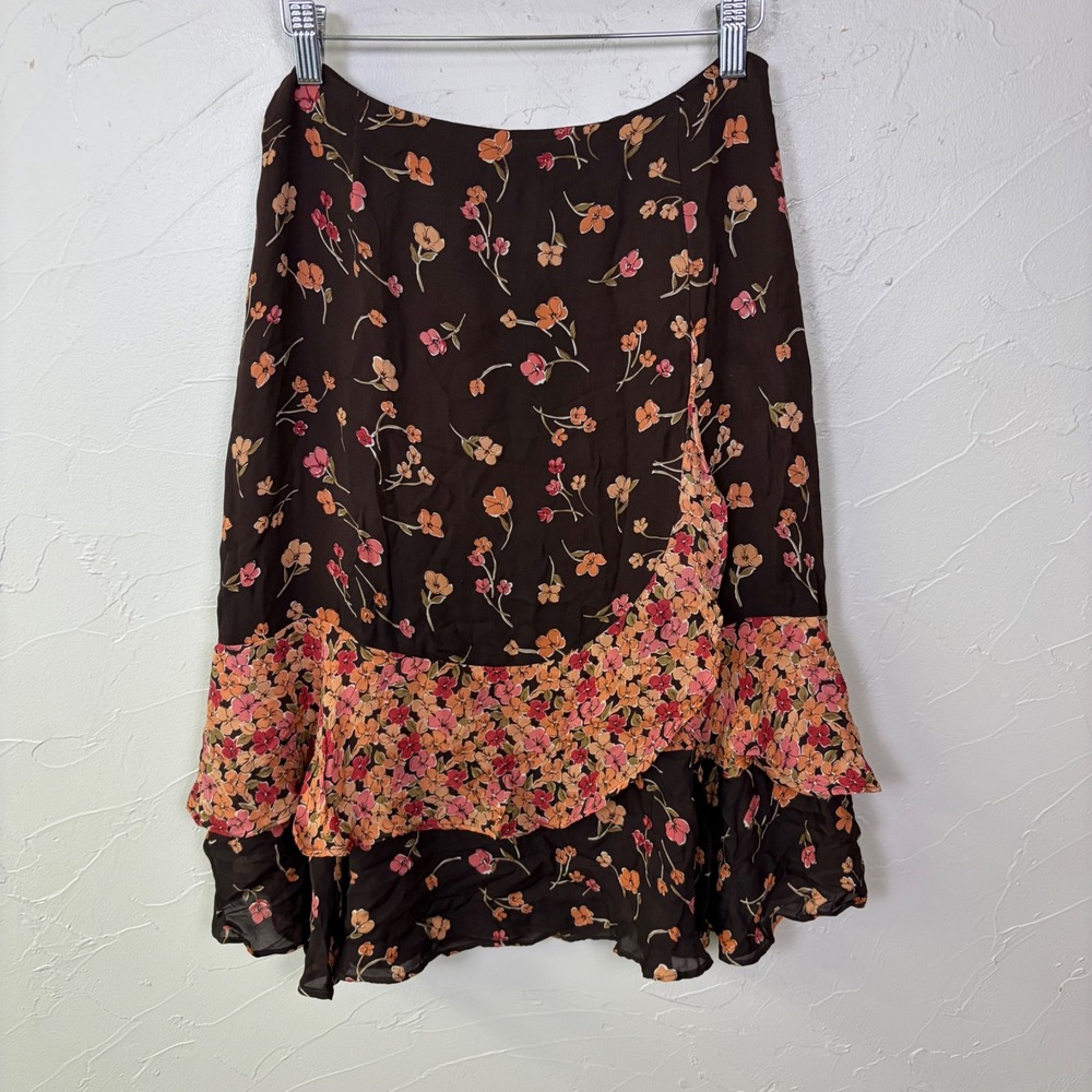 Vintage Harolds Silk Floral Ruffle Midi Skirt 4 Brown Tiered Fairy Cottagecore